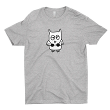 The drawful owl wearing a bikini is printed in black and white on a grey tee.