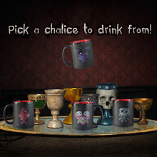 A tray of chalices from Trivia Murder Party mini game, but also including mugs with avatars, text reads "Pick a chalice to drink from!" 