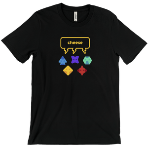 black t-shirt that reads "cheese" in a word bubble with 4 colorful avatars from The Jackbox Survey Scramble