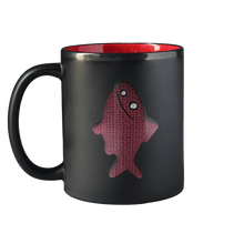 Black mug with red interior featuring The Red Herring avatar from Trivia Murder Party 2 