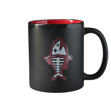 Black mug with red interior featuring The Red Herring avatar from Trivia Murder Party 2 