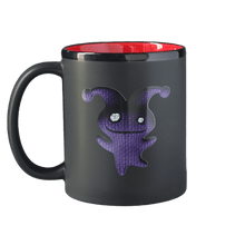 Black mug with red interior featuring The Jester avatar from Trivia Murder Party 2 