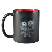 Black mug with red interior featuring The Nerd avatar from Trivia Murder Party 2 